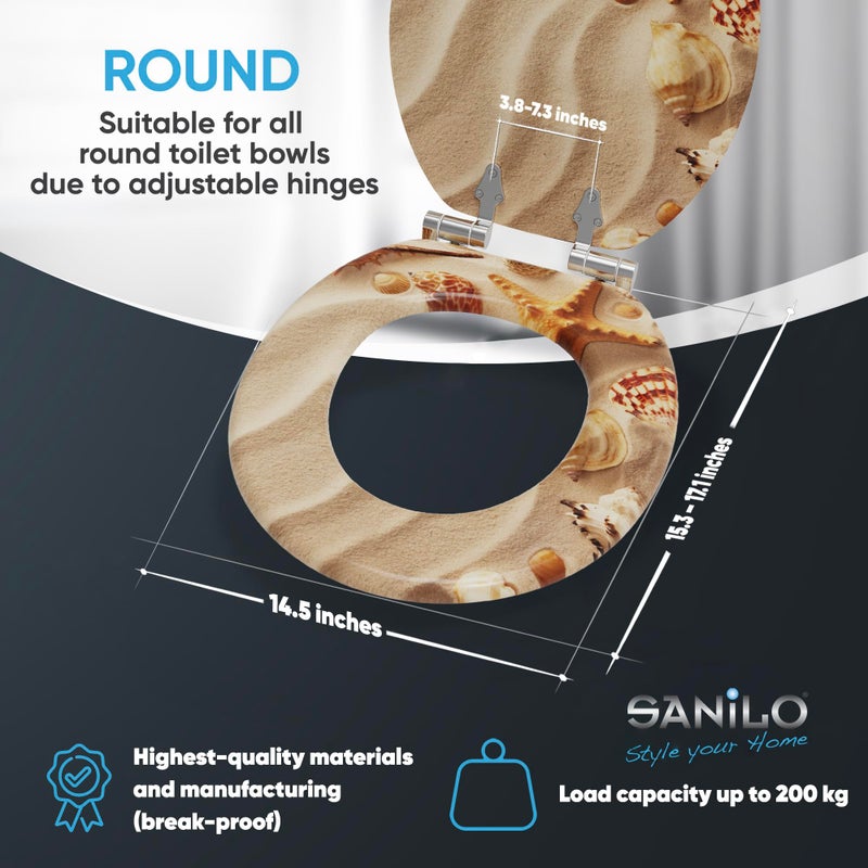SANILO Wooden Toilet Seat with Soft Close [ROUND] - Decorative, Quiet & Slow Close Molded Wood Seat - With Strong Bumpers & Hinges - Adjustable Fit â€“ Sanibel - Image 3